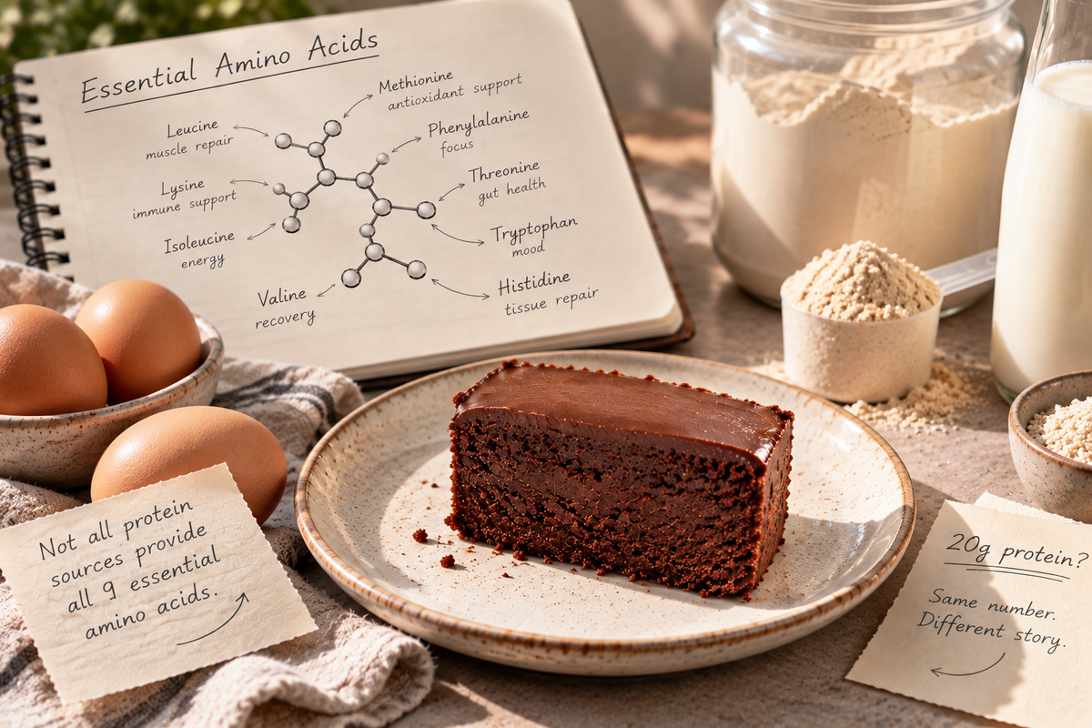 Chocolate protein cake slice next to eggs, whey powder and a notebook listing the nine essential amino acids