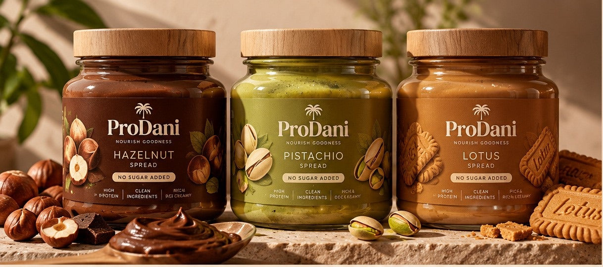 Three ProDani spread jars: Hazelnut, Pistachio and Lotus